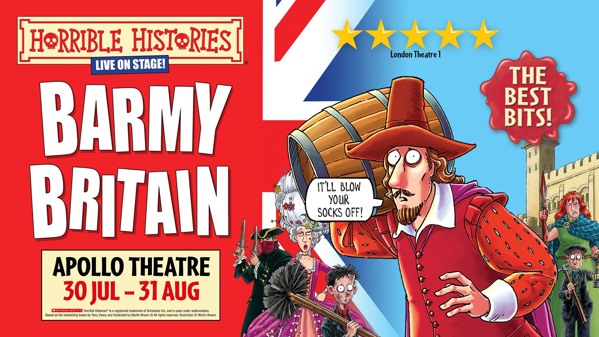 Cartoon characters in historical costumes with text "I'll blow your socks off!" against Union Jack background.