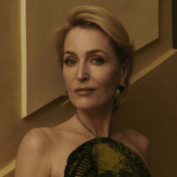 Gillian Anderson smouldering against gold background.