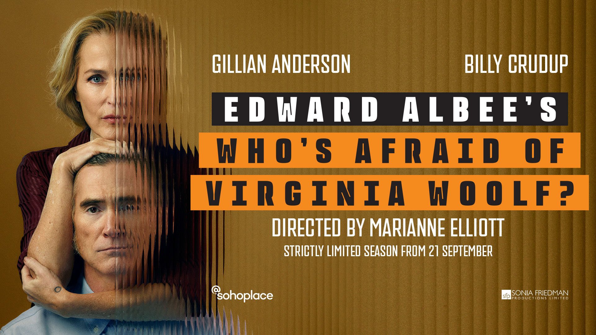 Gillian Anderson's face with text promoting "Who's Afraid of Virginia Woolf?" directed by Marianne Elliott.