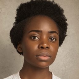 Sharon-Rose poses against a textured grey background, wearing a white top, with a neutral expression.